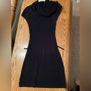 Chic Black Knit Short Sleeve , Turtleneck Dress